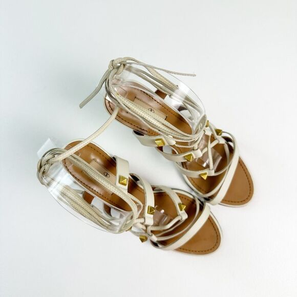 VALENTINO Rockstud White Gladiator Heels Size 37 Sandal Ankle Wrap Tie Lace Up - Picture 2 of 12
